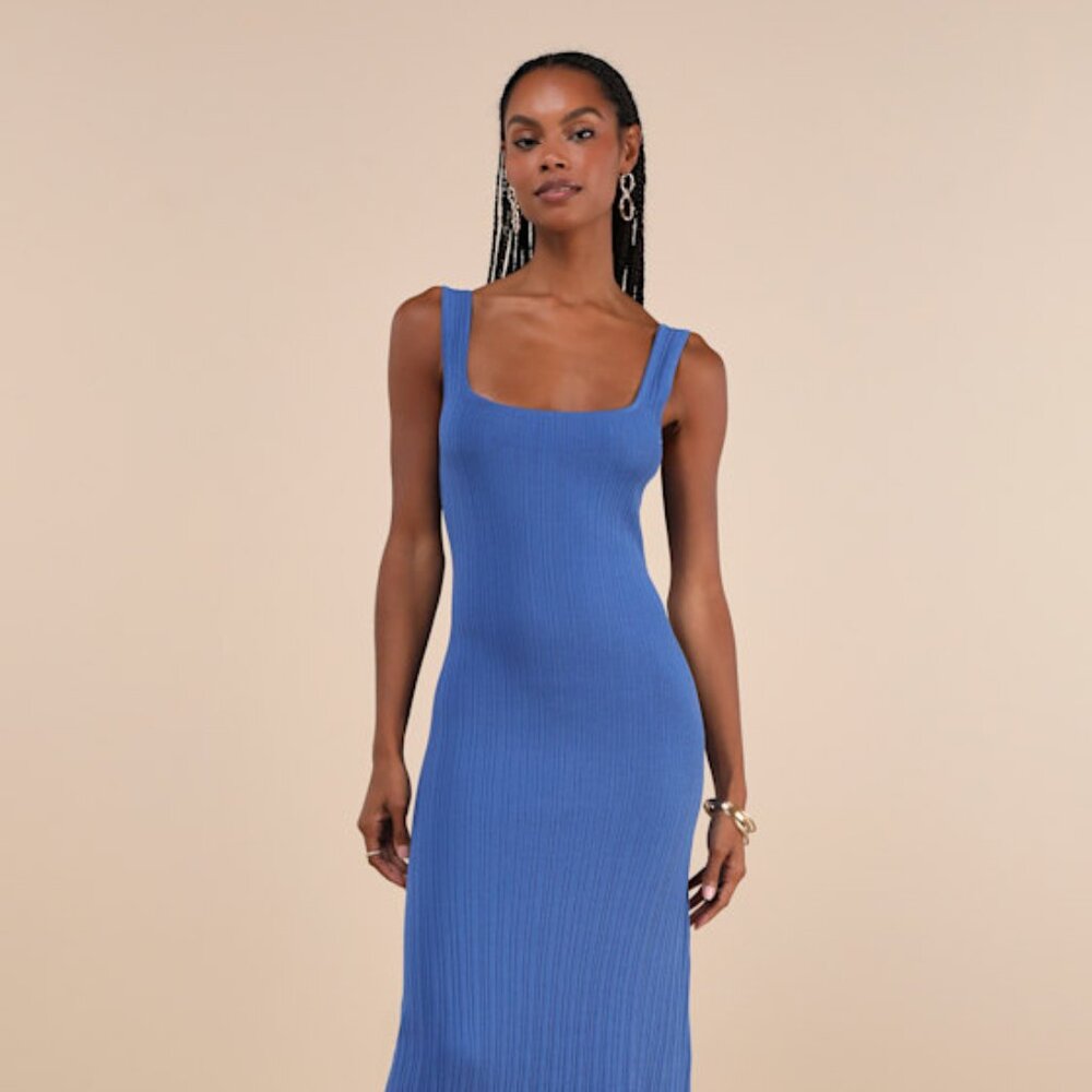 Lulus Majorly Stylish Blue Ribbed Knit Sleeveless A-line Midi Dress - Size S
